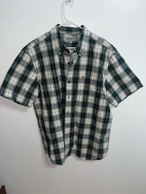Carhartt Men's Dark Green and White Plaid Short Sleeve Button-Down Shirt